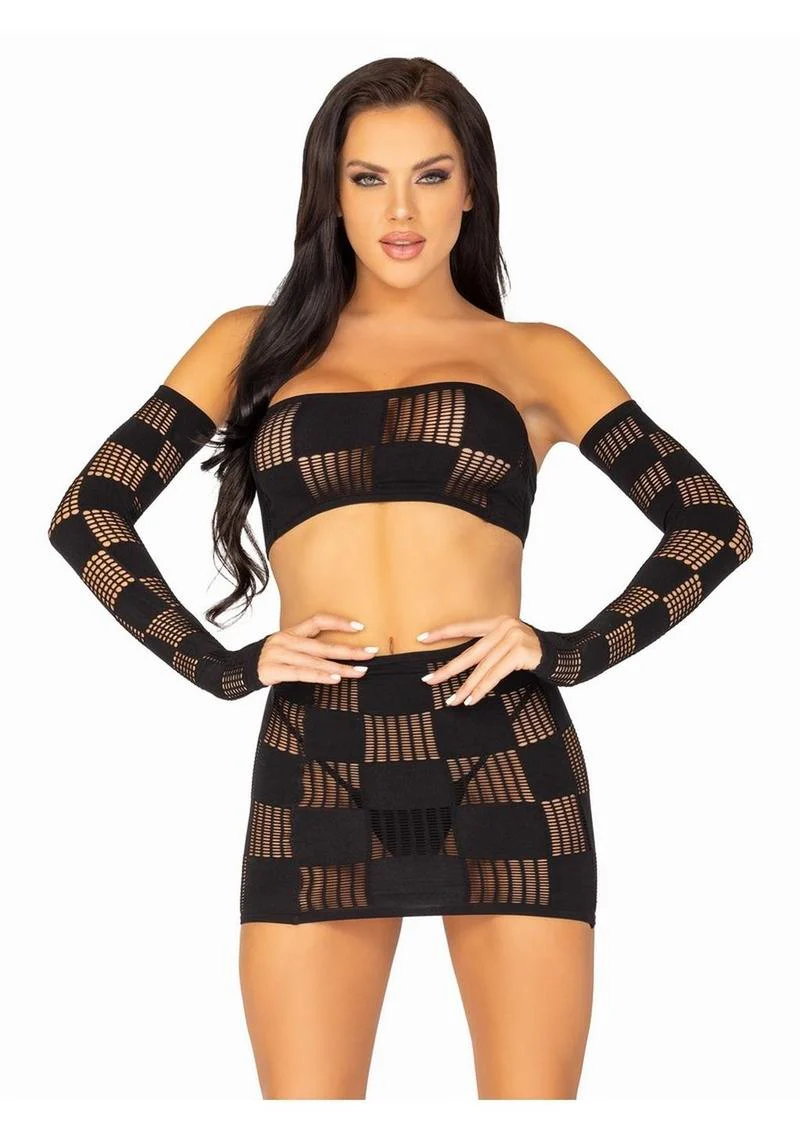 Leg Avenue Checkerboard Net and Opaque Bandeau Mini Skirt and Arm Warmers - Image 3