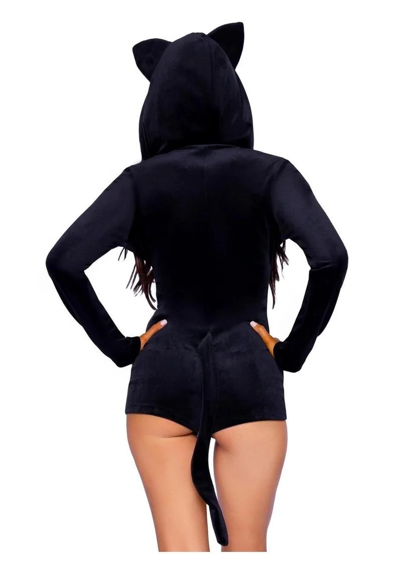 Leg Avenue Comfy Cat Ultra-Soft Velvet Plush Zip Up Romper with Bell Zipper Pull, Ear Hood, and Kitty Tail - Image 3