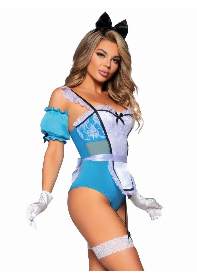 Leg Avenue Curious Miss Alice Lace Trimmed Garter Bodysuit with Sheer Panels, Puff Sleeves, Apron, and Bow Headband - Image 2