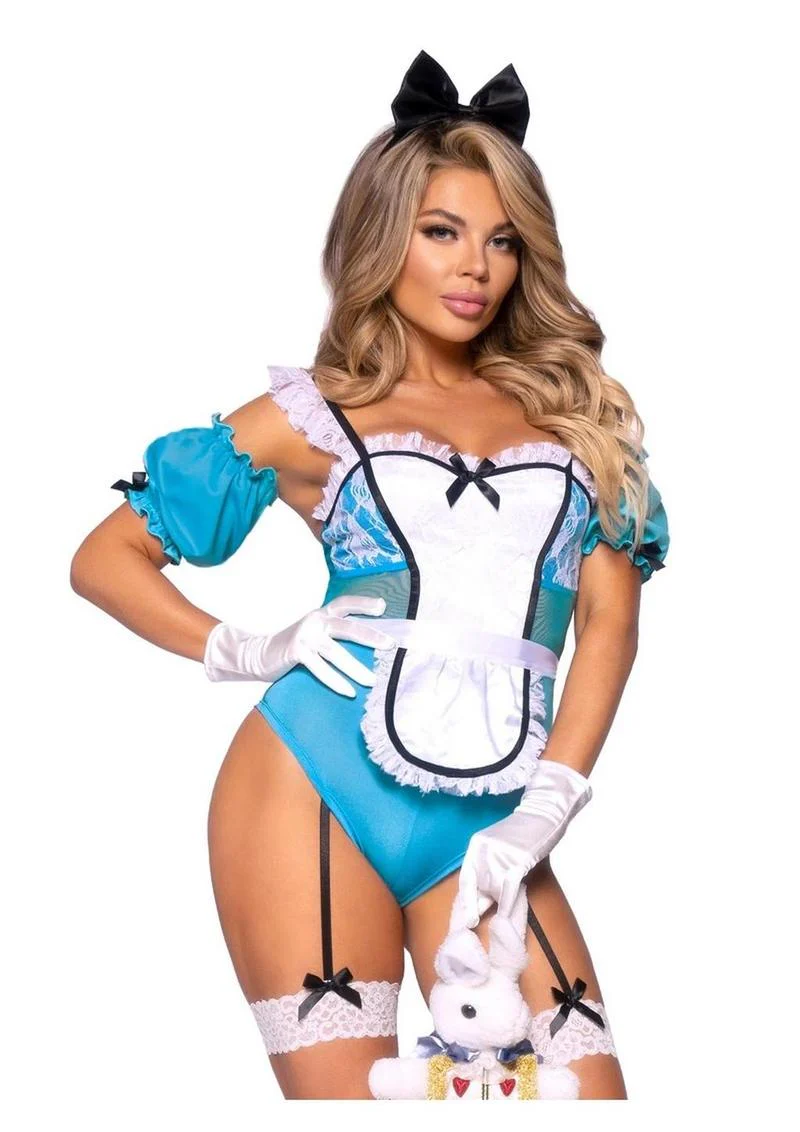 Leg Avenue Curious Miss Alice Lace Trimmed Garter Bodysuit with Sheer Panels, Puff Sleeves, Apron, and Bow Headband - Image 5