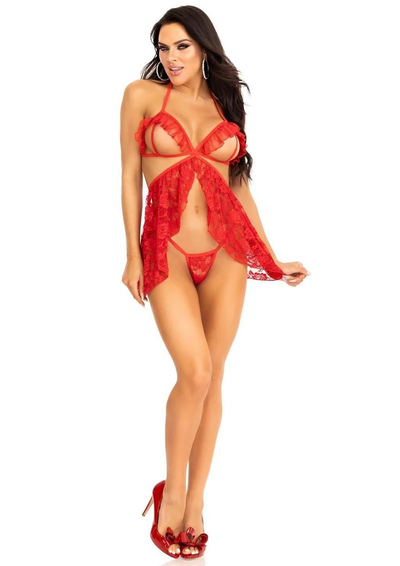 Leg Avenue Lace Flyaway Babydoll with Ruffle Peek-A-Boo Cups and Lace G-String - Image 3
