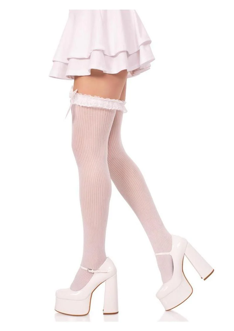 Leg Avenue Lace Garter Sheer Striped Thigh Highs with Satin Bow Accent - Image 10