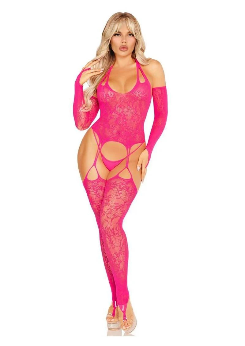 Leg Avenue Lace Halter Footless Cami Garter with Attached Toe Loop Stockings and Arm Warmers - Image 4