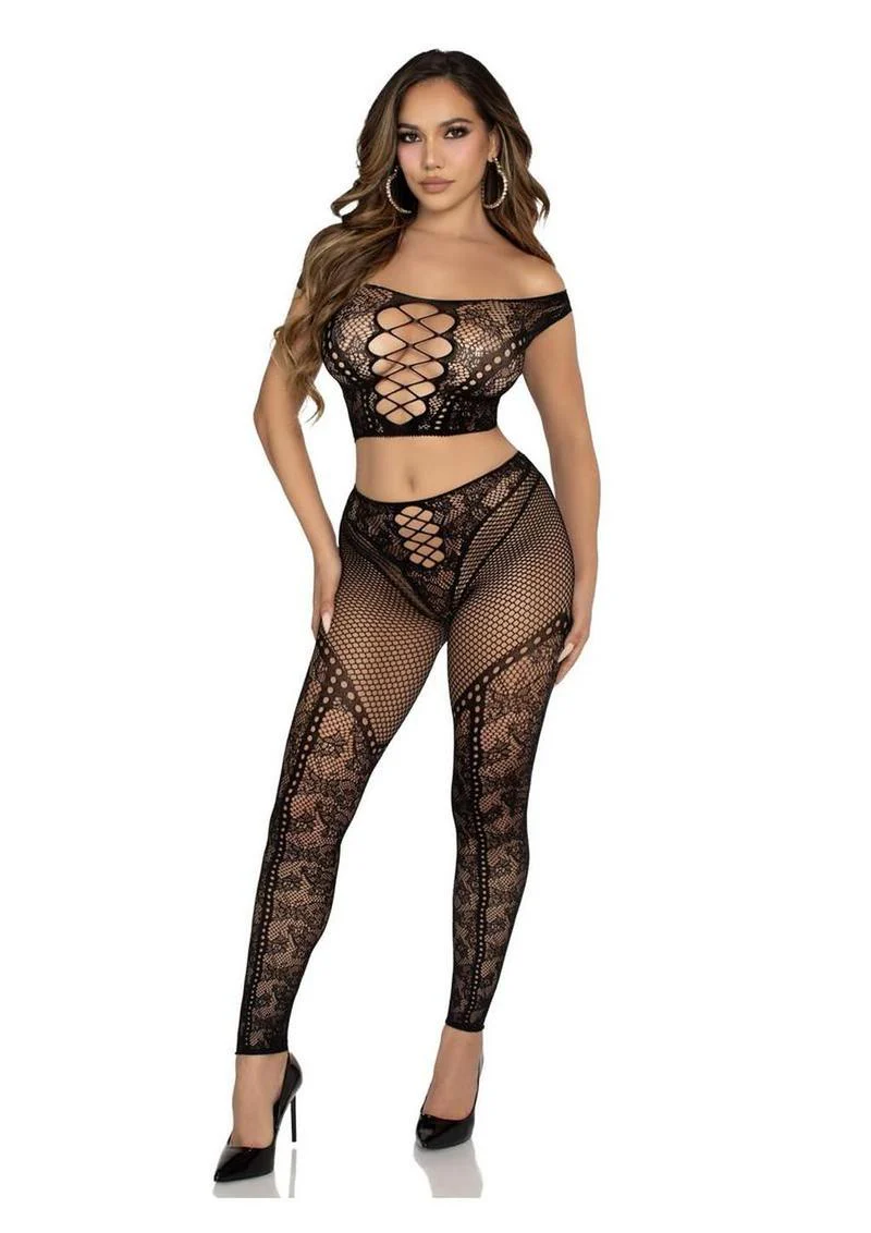 Leg Avenue Net and Lace Off-The-Shoulder Crop Top and Footless Tights - Image 4