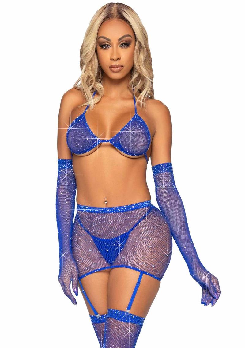 Leg Avenue Rhinestone Fishnet Garter Skirt Set with Bikini Top, G-String, Gloves and Matching Stockings - Image 15