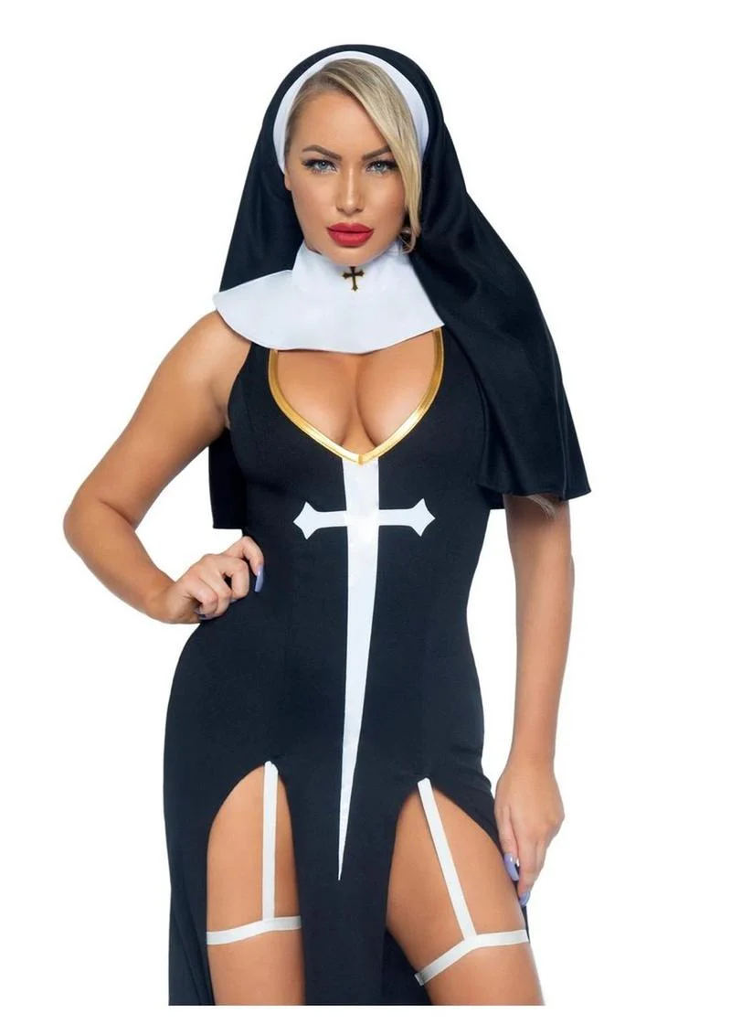 Leg Avenue Sultry Sinner Dual Slit Garter Dress with Vinyl Cross Detail, Vinyl Collar, and Nun Habit - Image 5