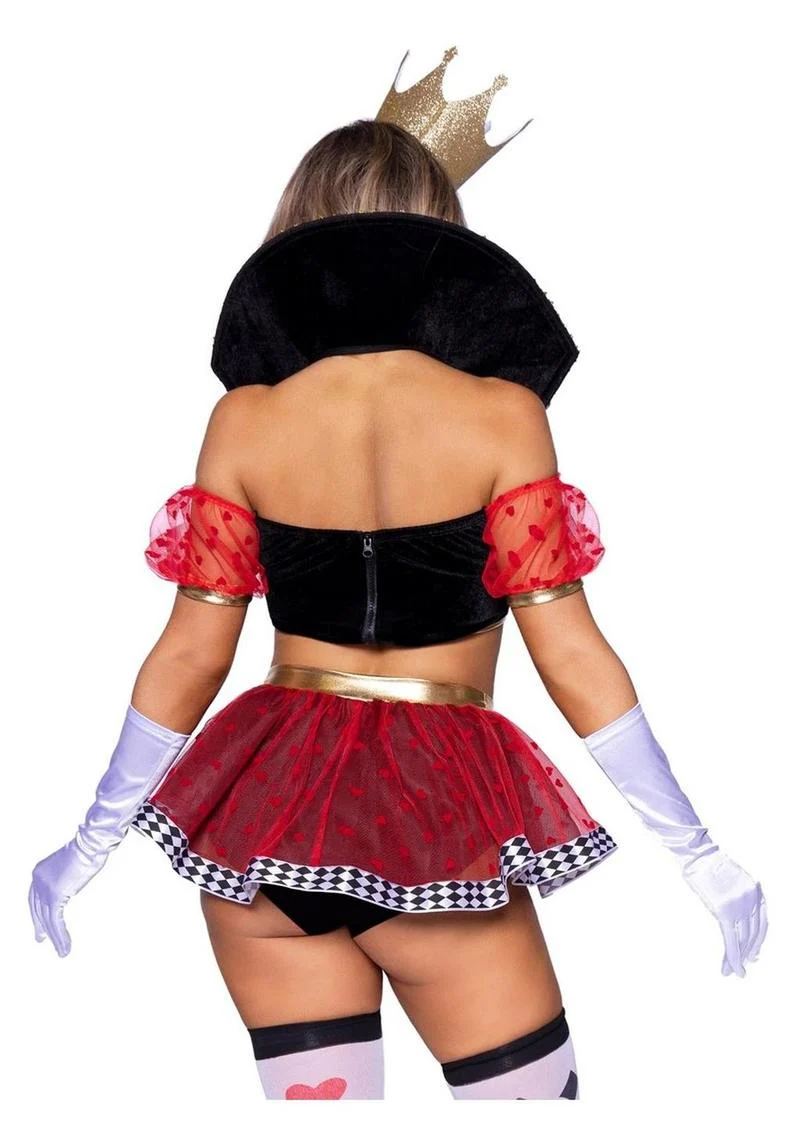 Leg Avenue Wicked Wonderland Queen Tow-Tone Boned Crop Top with Stay Up Collar and Broach Accent, Garter Panty with Peplum Skirt, and Crown Headband - Image 3