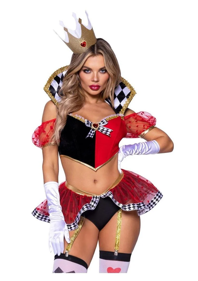 Leg Avenue Wicked Wonderland Queen Tow-Tone Boned Crop Top with Stay Up Collar and Broach Accent, Garter Panty with Peplum Skirt, and Crown Headband - Image 6