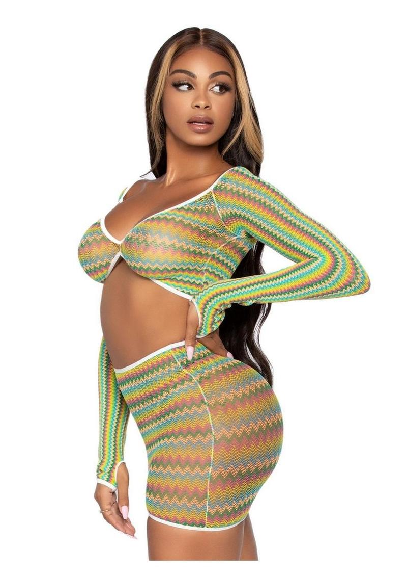 Leg Avenue Zig Zag Net Gauntlet Sleeve Crop Top and Mini Skirt - Image 3