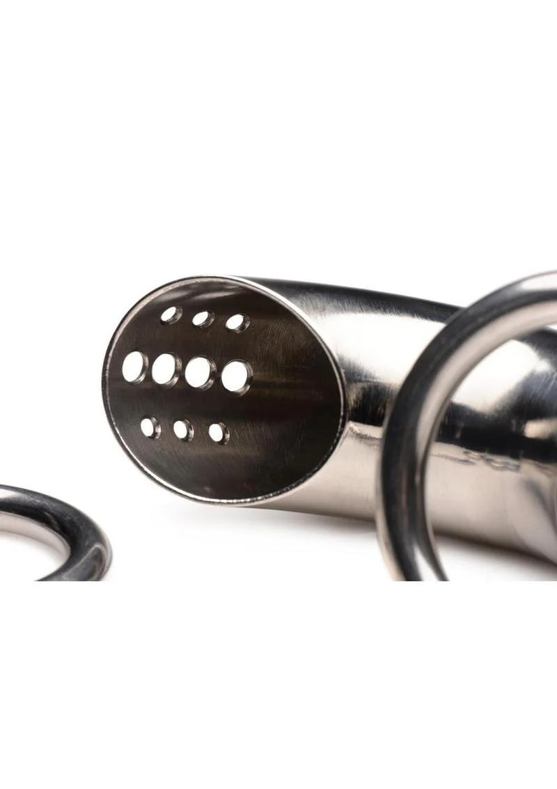 Master Series Locking Stainless Steel Chastity Cage with 3 Rings - Image 4