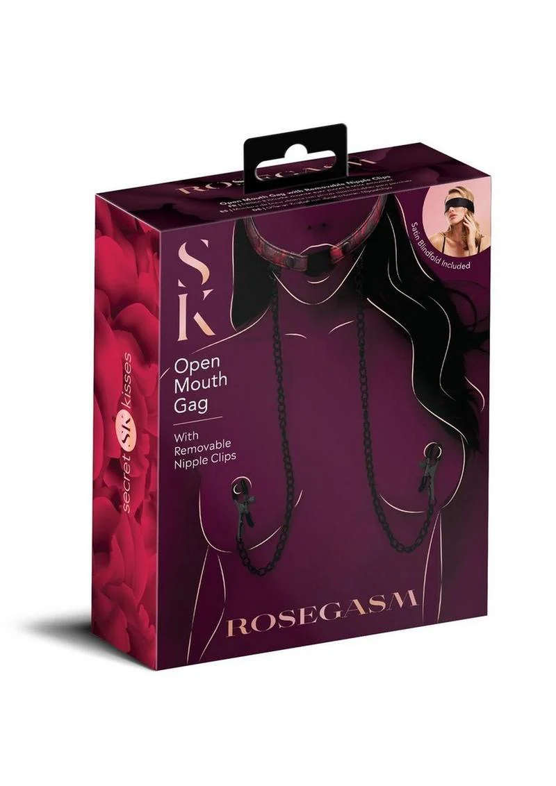 Secret Kisses Rosegasm Open Mouth Gag with Nipple Clips and Satin Blindfold - Image 2